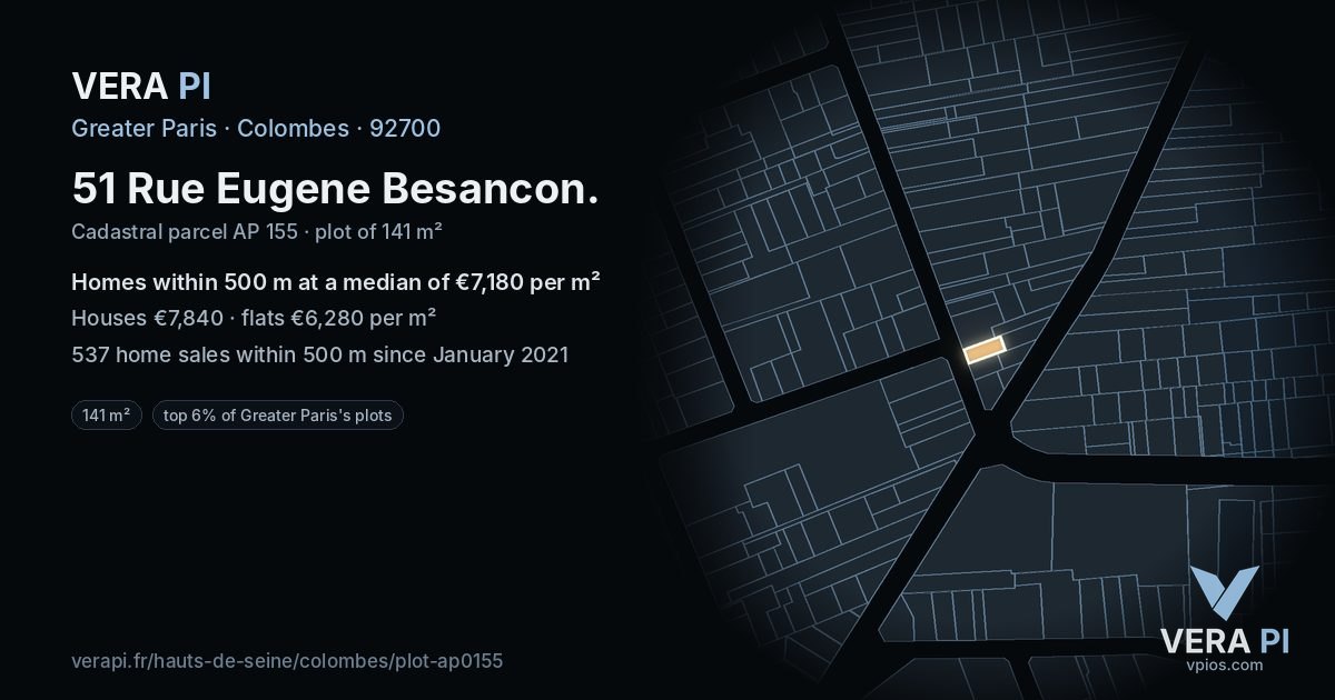 51 Rue Eugene Besancon, Colombes at night – the plot lit, the parcels around coloured by the prices near them