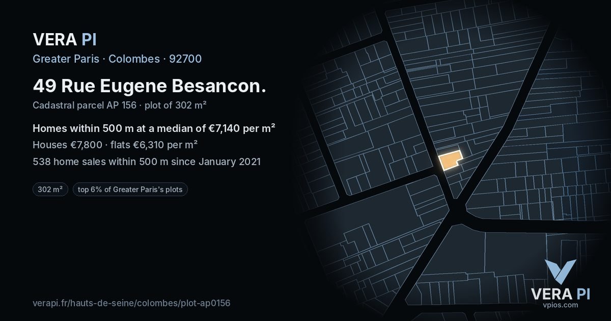 49 Rue Eugene Besancon, Colombes at night – the plot lit, the parcels around coloured by the prices near them