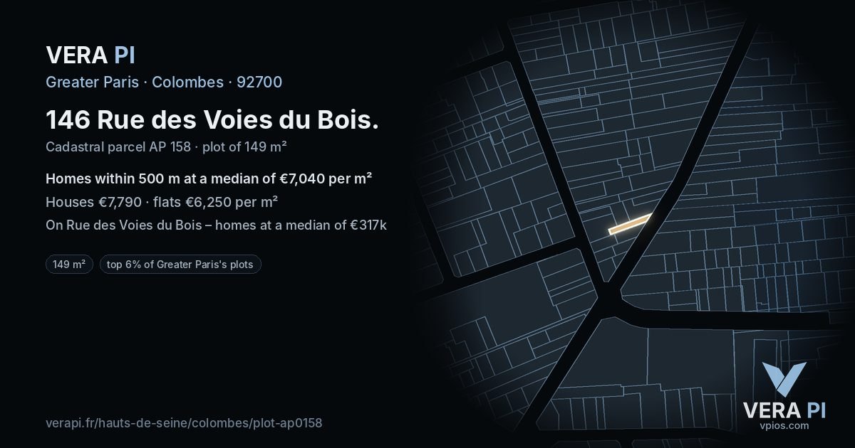 146 Rue des Voies du Bois, Colombes at night – the plot lit, the parcels around coloured by the prices near them