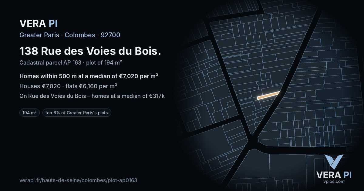 138 Rue des Voies du Bois, Colombes at night – the plot lit, the parcels around coloured by the prices near them