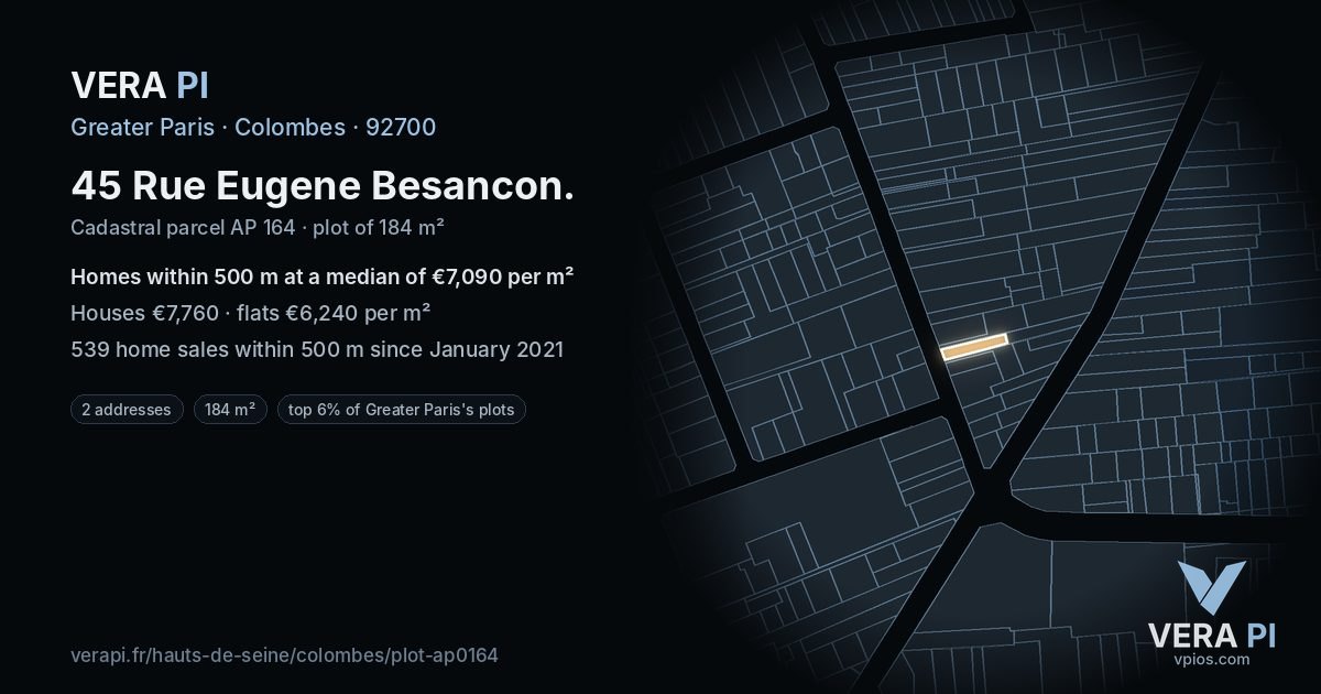 45 Rue Eugene Besancon, Colombes at night – the plot lit, the parcels around coloured by the prices near them