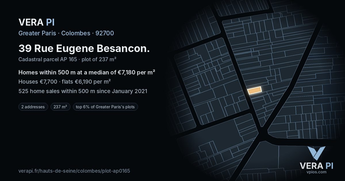 39 Rue Eugene Besancon, Colombes at night – the plot lit, the parcels around coloured by the prices near them
