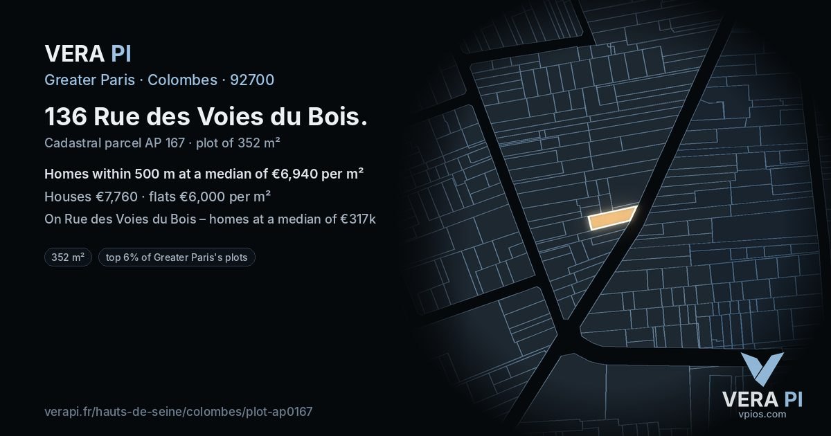 136 Rue des Voies du Bois, Colombes at night – the plot lit, the parcels around coloured by the prices near them