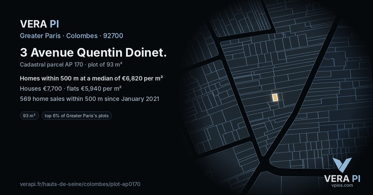 3 Avenue Quentin Doinet, Colombes at night – the plot lit, the parcels around coloured by the prices near them