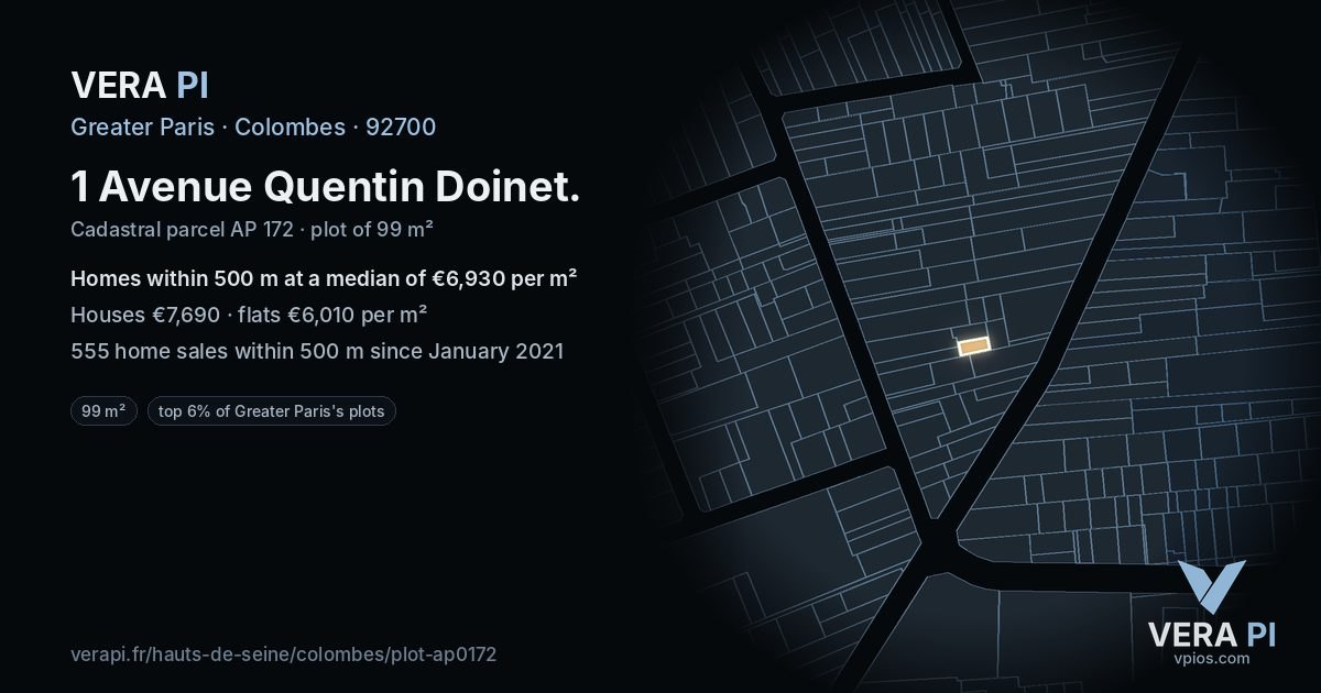 1 Avenue Quentin Doinet, Colombes at night – the plot lit, the parcels around coloured by the prices near them