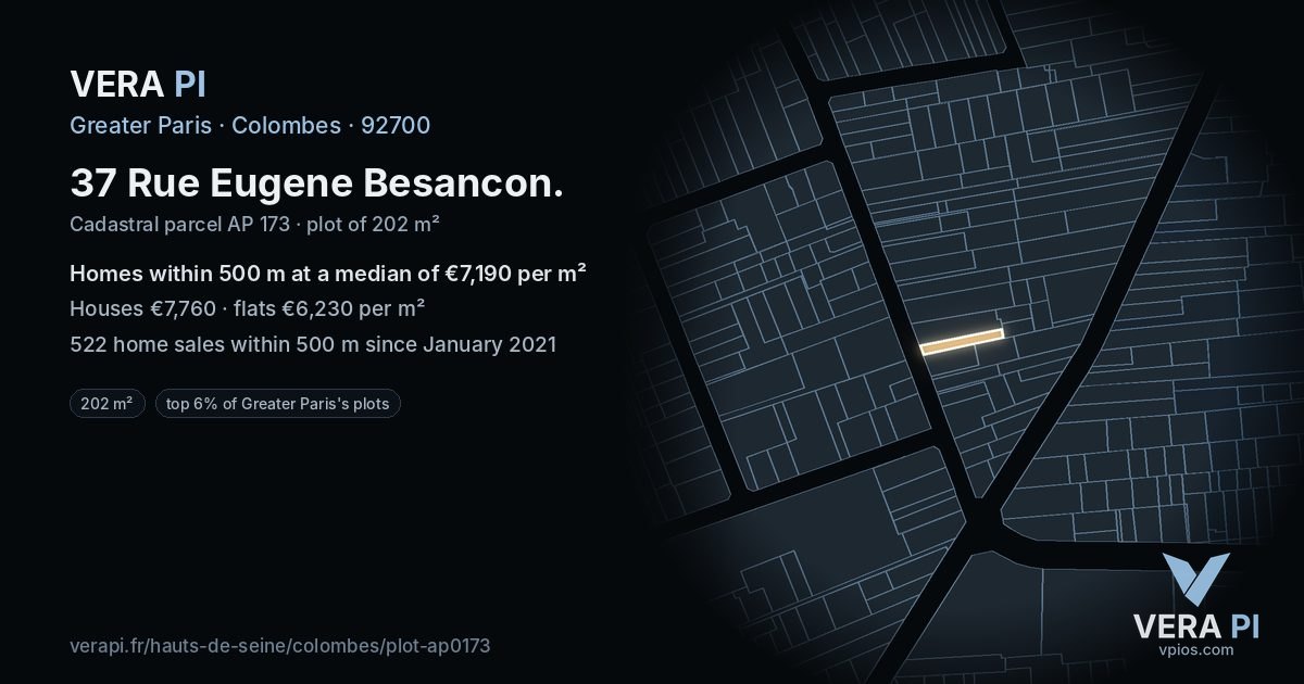 37 Rue Eugene Besancon, Colombes at night – the plot lit, the parcels around coloured by the prices near them
