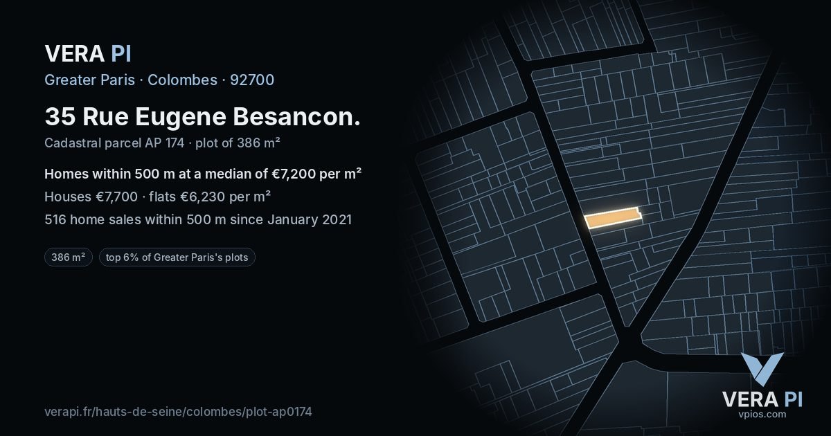 35 Rue Eugene Besancon, Colombes at night – the plot lit, the parcels around coloured by the prices near them