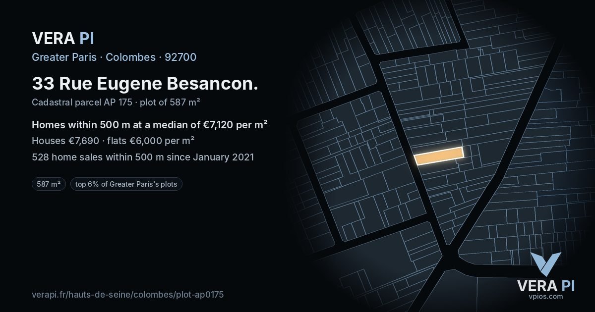 33 Rue Eugene Besancon, Colombes at night – the plot lit, the parcels around coloured by the prices near them
