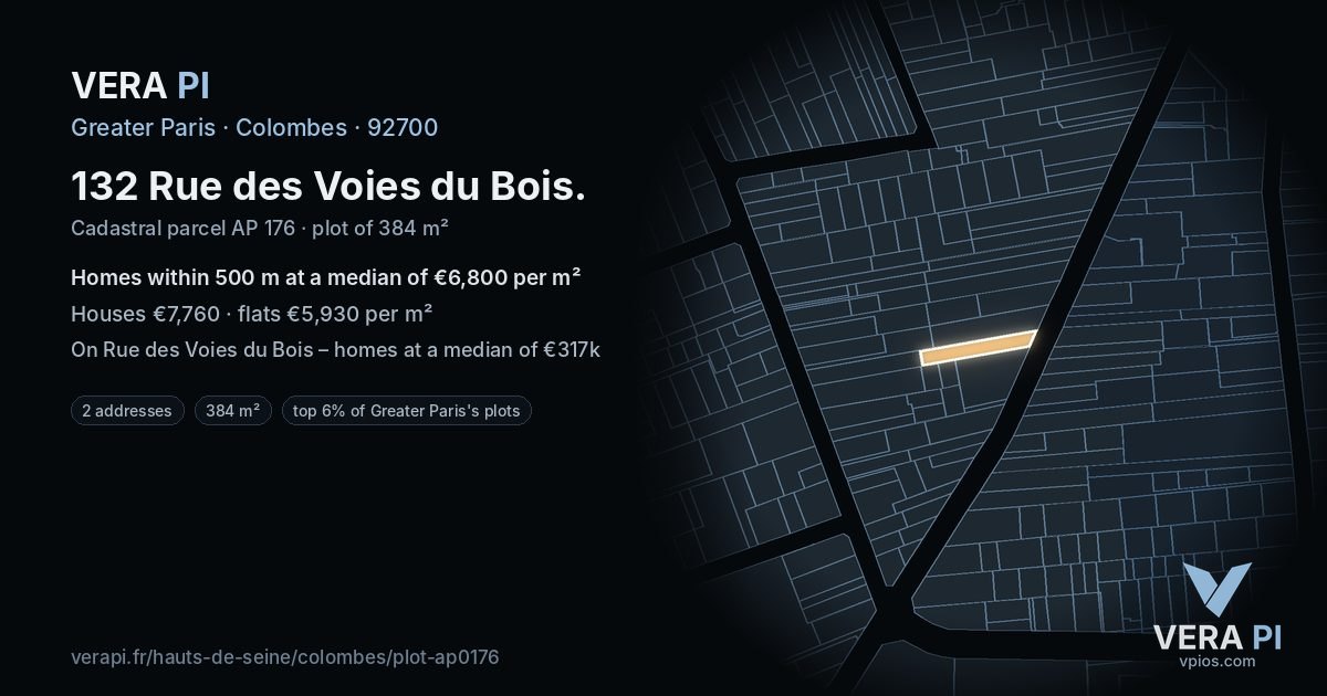 132 Rue des Voies du Bois, Colombes at night – the plot lit, the parcels around coloured by the prices near them