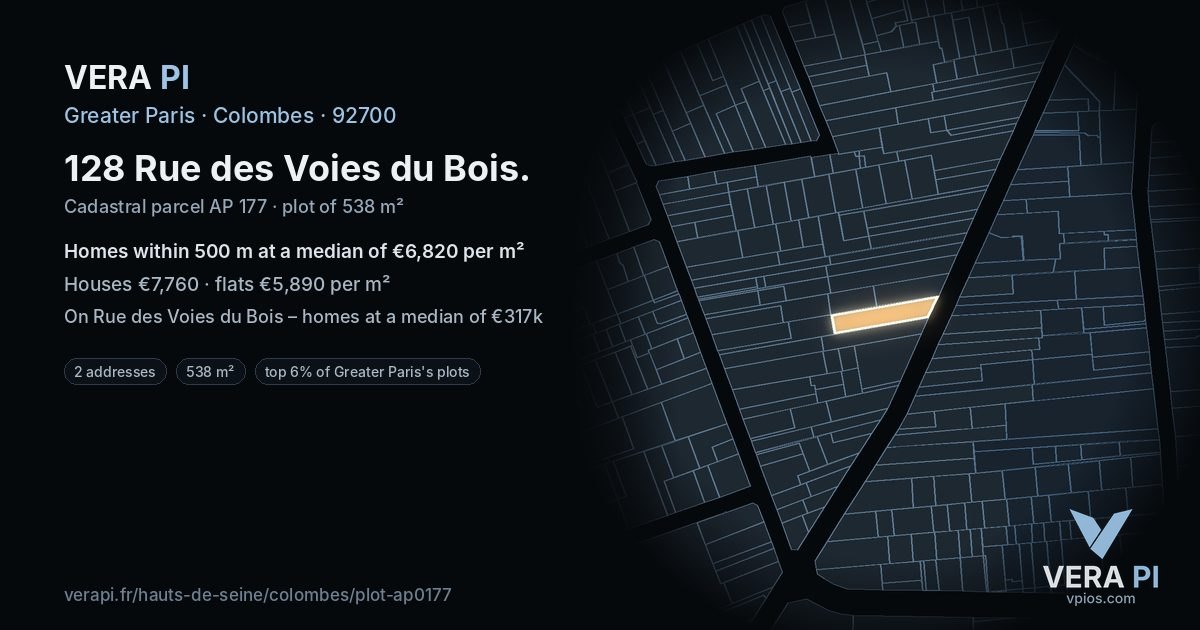 128 Rue des Voies du Bois, Colombes at night – the plot lit, the parcels around coloured by the prices near them