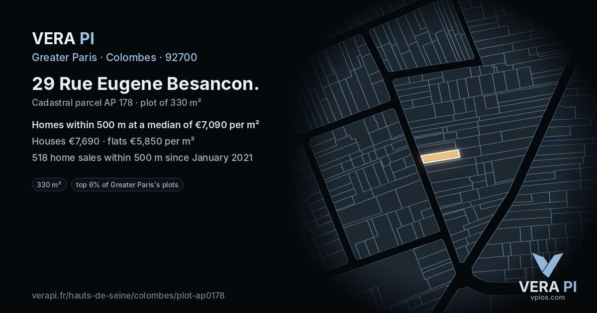 29 Rue Eugene Besancon, Colombes at night – the plot lit, the parcels around coloured by the prices near them