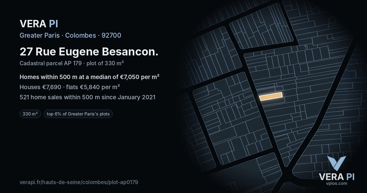 27 Rue Eugene Besancon, Colombes at night – the plot lit, the parcels around coloured by the prices near them