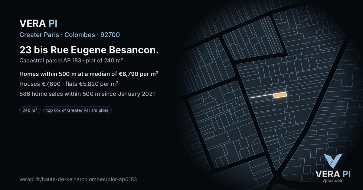 23 bis Rue Eugene Besancon, Colombes at night – the plot lit, the parcels around coloured by the prices near them
