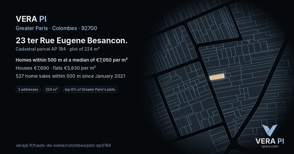 23 ter Rue Eugene Besancon, Colombes at night – the plot lit, the parcels around coloured by the prices near them