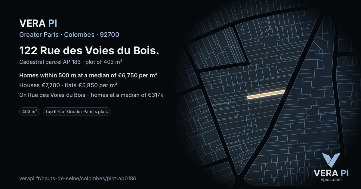 122 Rue des Voies du Bois, Colombes at night – the plot lit, the parcels around coloured by the prices near them