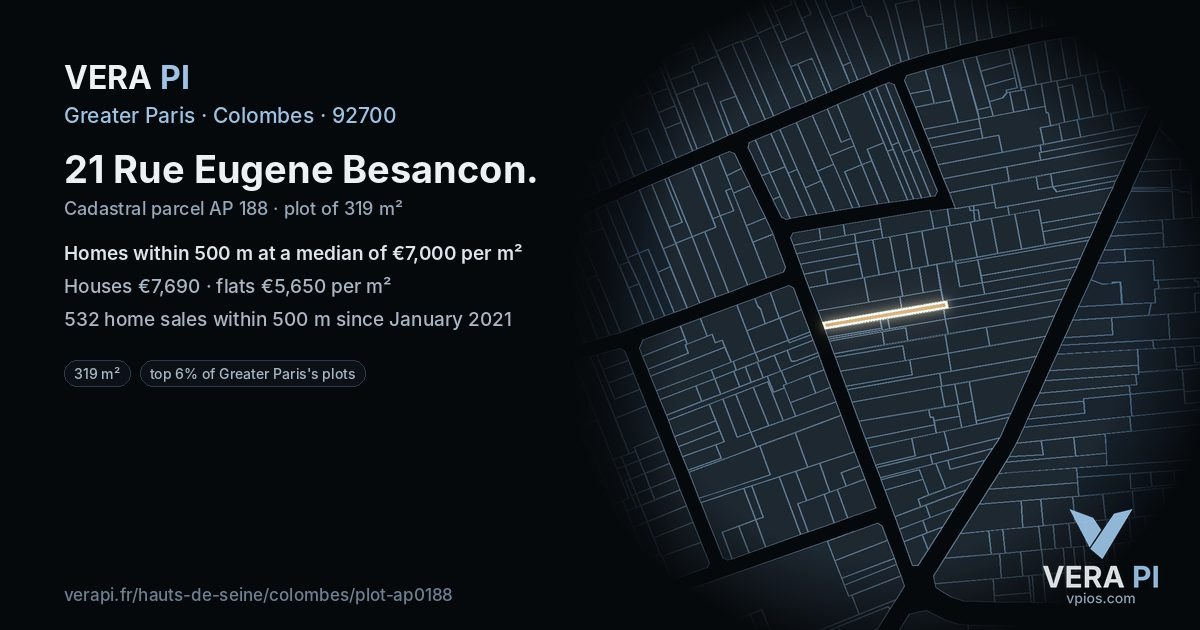 21 Rue Eugene Besancon, Colombes at night – the plot lit, the parcels around coloured by the prices near them