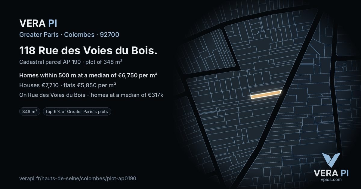 118 Rue des Voies du Bois, Colombes at night – the plot lit, the parcels around coloured by the prices near them