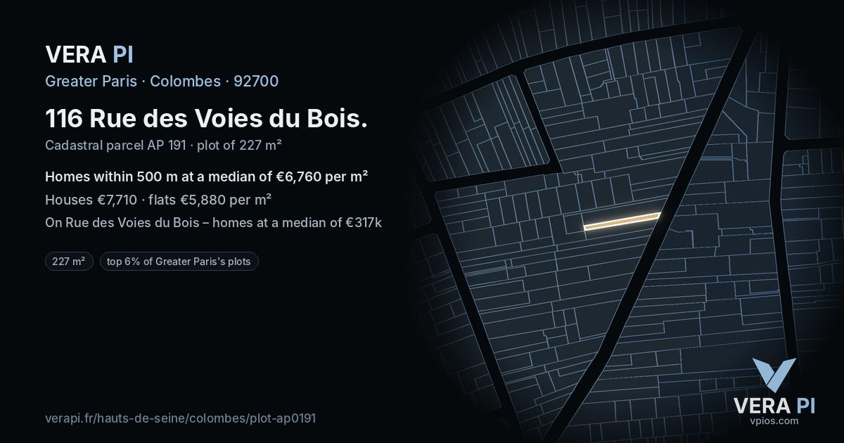 116 Rue des Voies du Bois, Colombes at night – the plot lit, the parcels around coloured by the prices near them