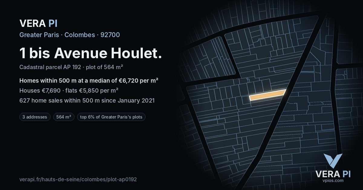1 bis Avenue Houlet, Colombes at night – the plot lit, the parcels around coloured by the prices near them