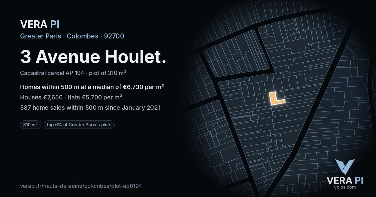 3 Avenue Houlet, Colombes at night – the plot lit, the parcels around coloured by the prices near them