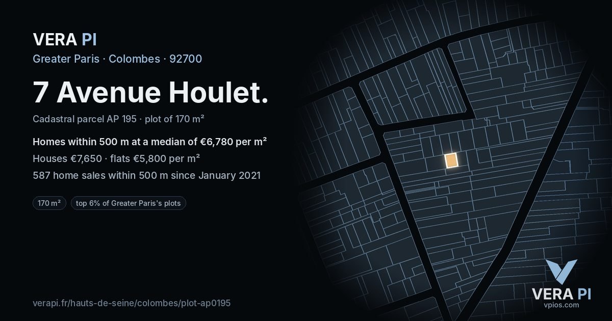 7 Avenue Houlet, Colombes at night – the plot lit, the parcels around coloured by the prices near them