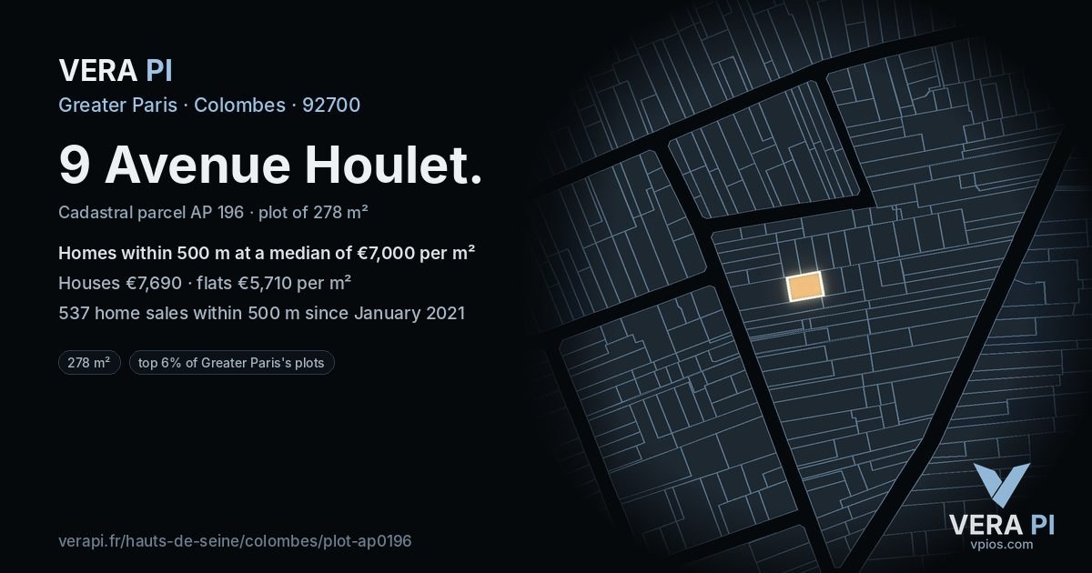 9 Avenue Houlet, Colombes at night – the plot lit, the parcels around coloured by the prices near them