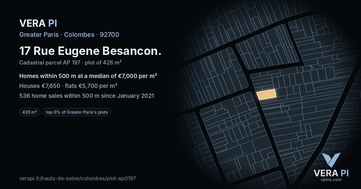 17 Rue Eugene Besancon, Colombes at night – the plot lit, the parcels around coloured by the prices near them
