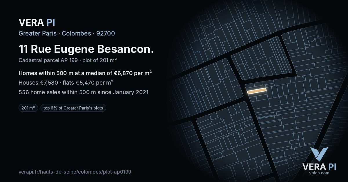 11 Rue Eugene Besancon, Colombes at night – the plot lit, the parcels around coloured by the prices near them