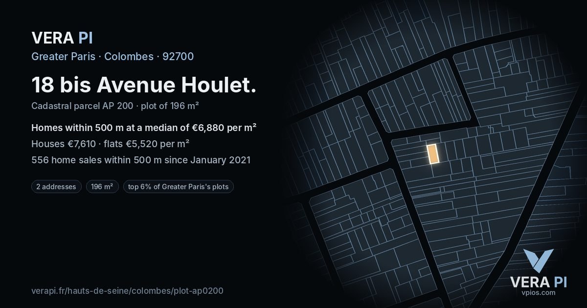 18 bis Avenue Houlet, Colombes at night – the plot lit, the parcels around coloured by the prices near them