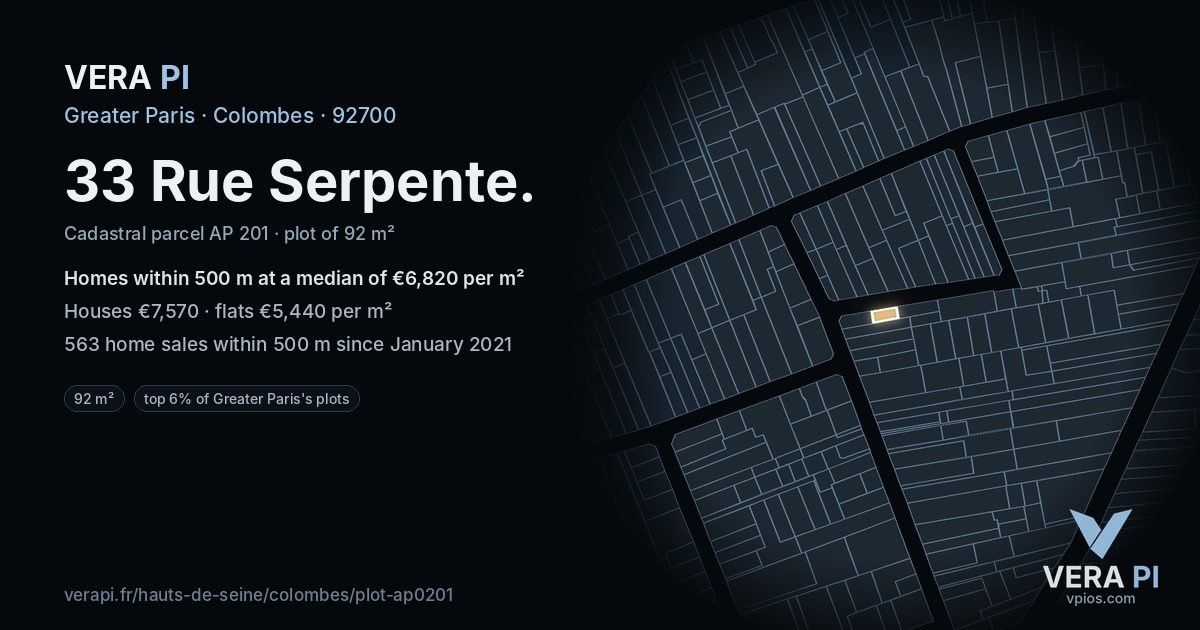 33 Rue Serpente, Colombes at night – the plot lit, the parcels around coloured by the prices near them