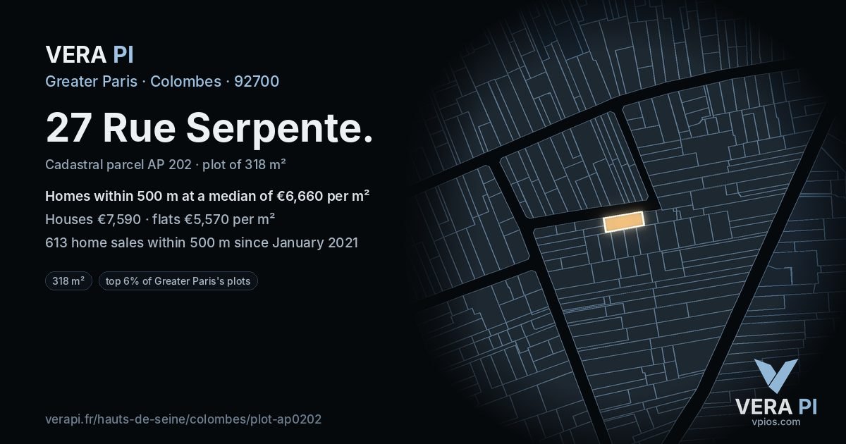 27 Rue Serpente, Colombes at night – the plot lit, the parcels around coloured by the prices near them