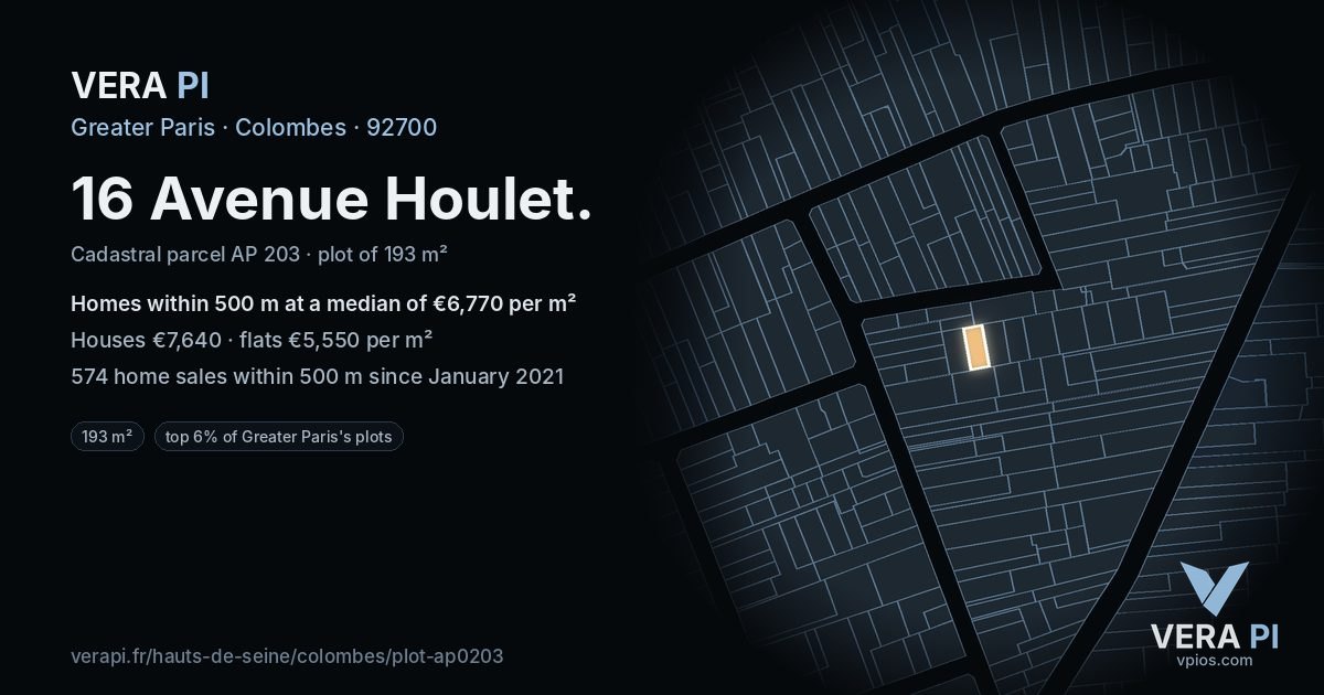 16 Avenue Houlet, Colombes at night – the plot lit, the parcels around coloured by the prices near them