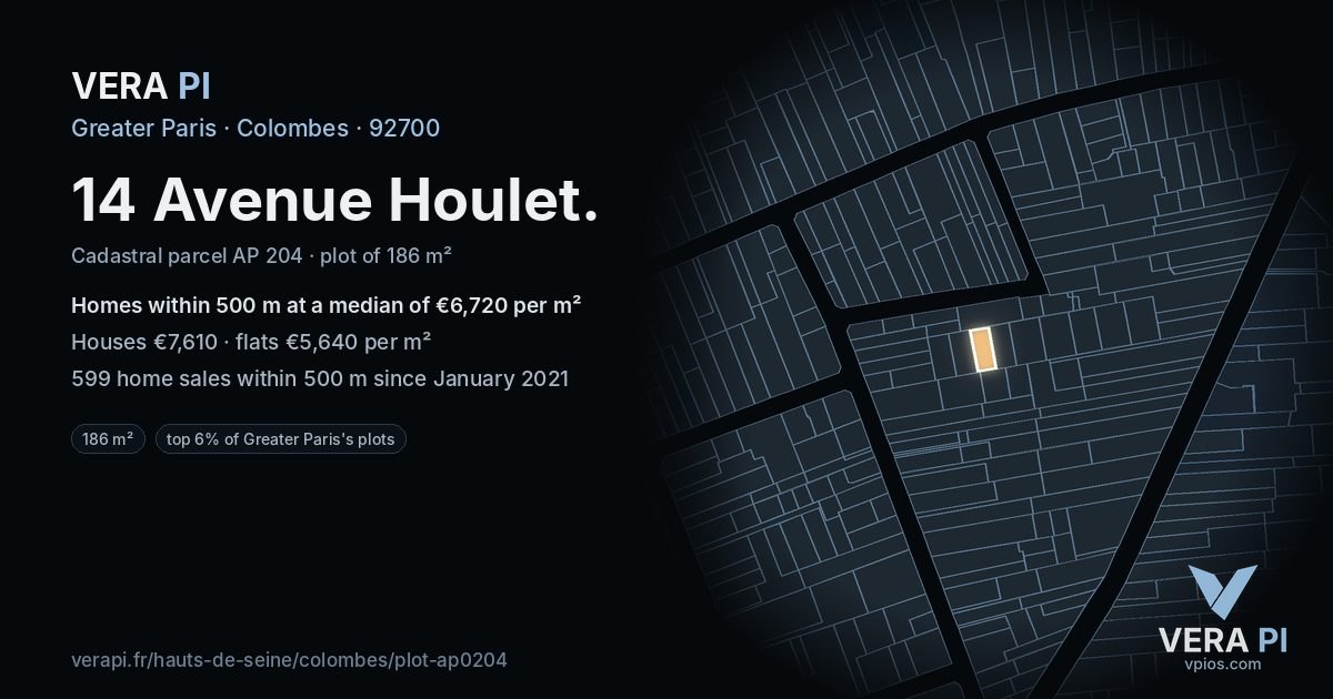 14 Avenue Houlet, Colombes at night – the plot lit, the parcels around coloured by the prices near them