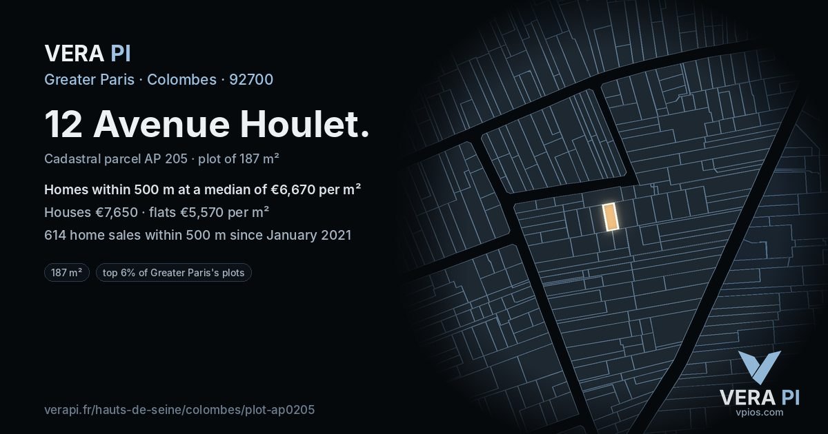 12 Avenue Houlet, Colombes at night – the plot lit, the parcels around coloured by the prices near them