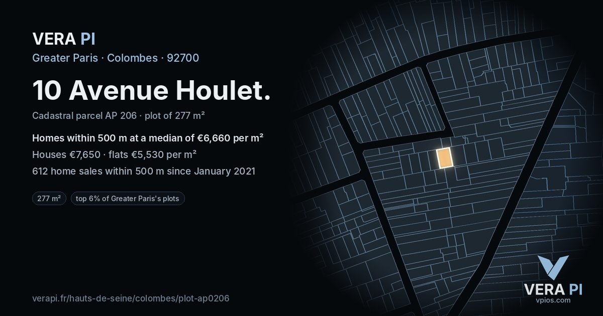 10 Avenue Houlet, Colombes at night – the plot lit, the parcels around coloured by the prices near them