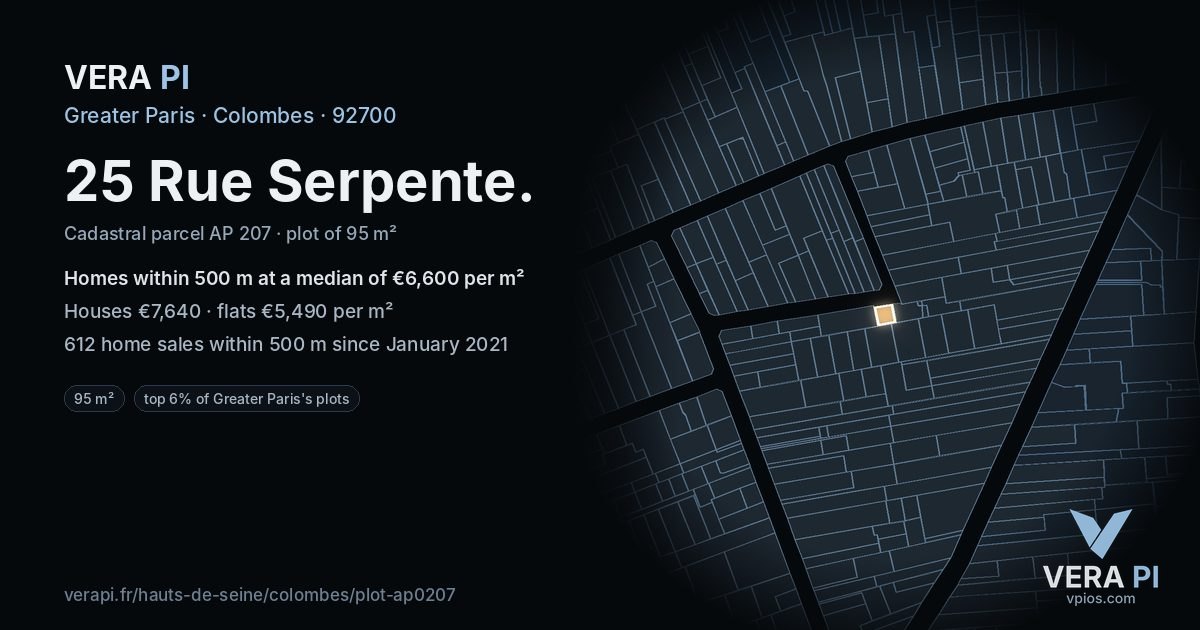 25 Rue Serpente, Colombes at night – the plot lit, the parcels around coloured by the prices near them