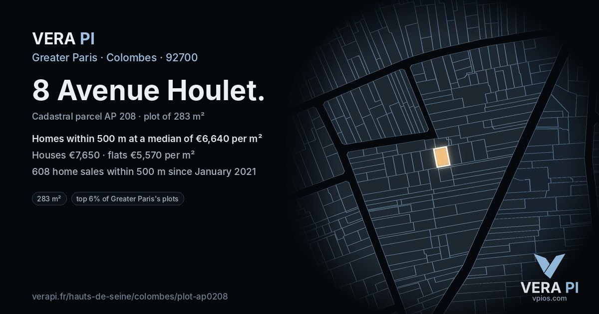 8 Avenue Houlet, Colombes at night – the plot lit, the parcels around coloured by the prices near them
