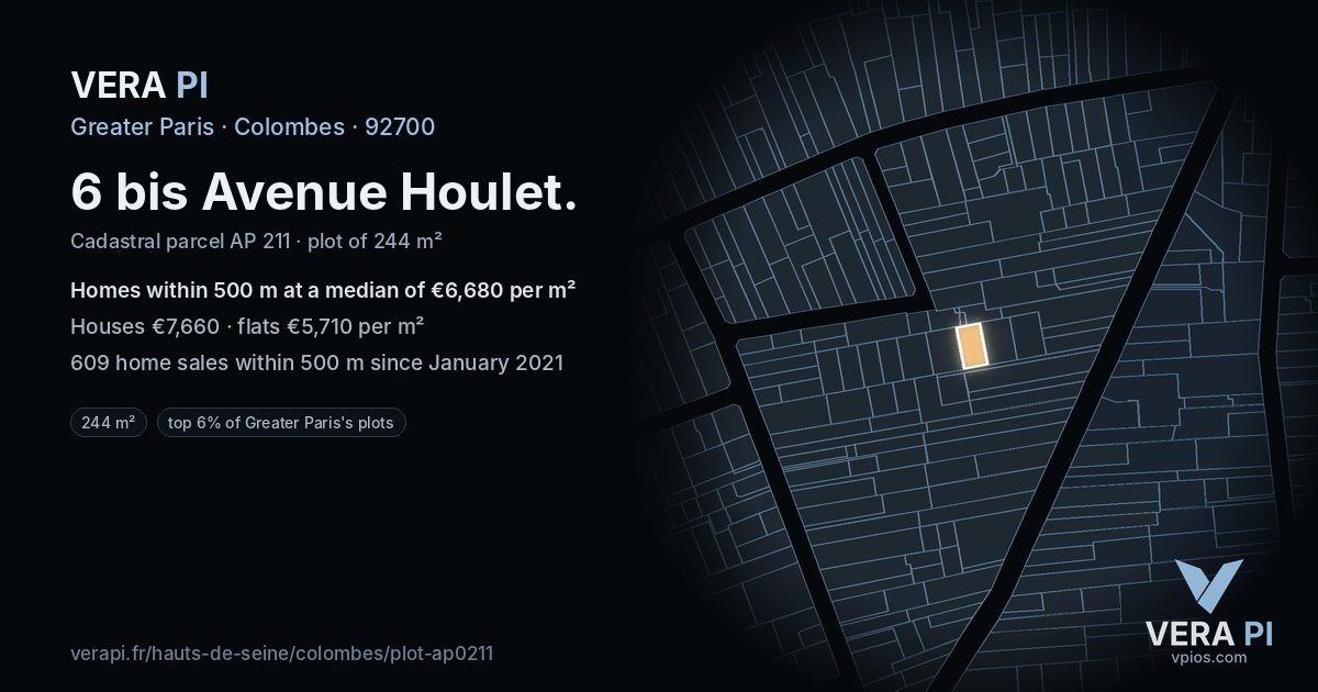 6 bis Avenue Houlet, Colombes at night – the plot lit, the parcels around coloured by the prices near them