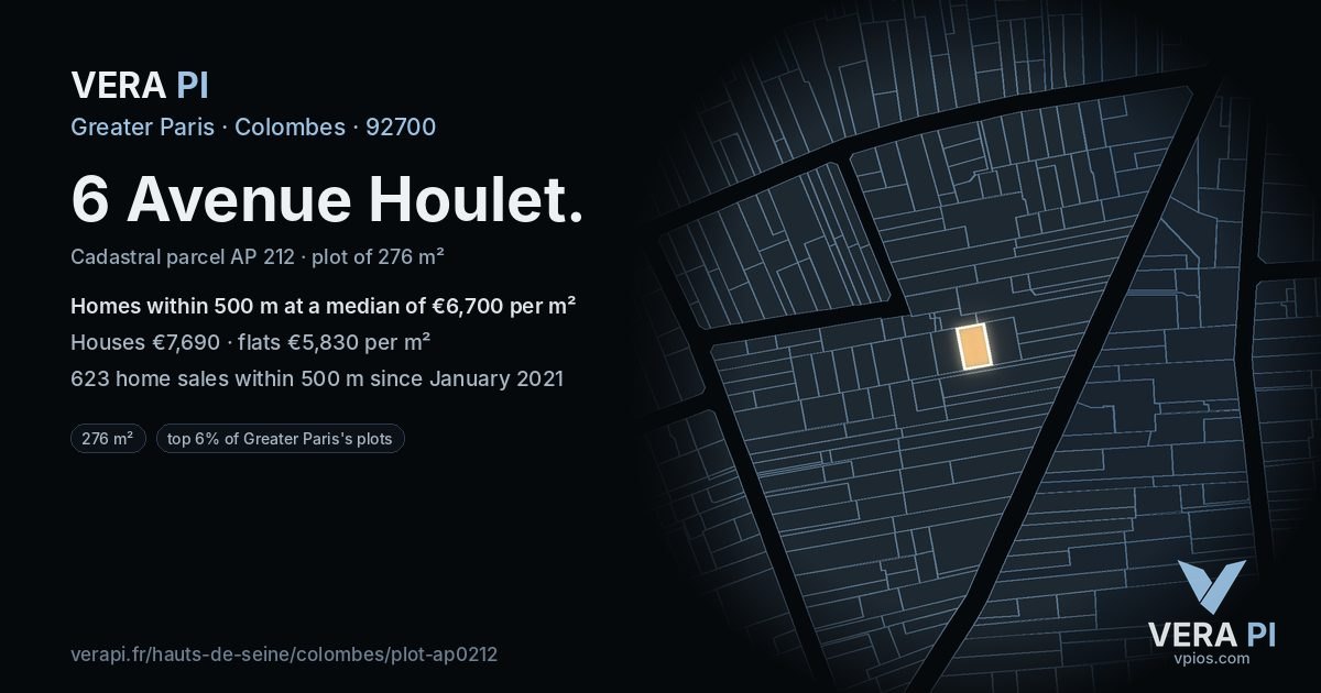 6 Avenue Houlet, Colombes at night – the plot lit, the parcels around coloured by the prices near them