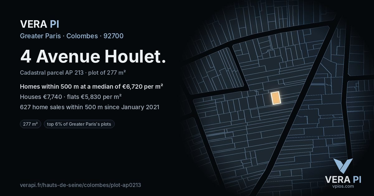 4 Avenue Houlet, Colombes at night – the plot lit, the parcels around coloured by the prices near them