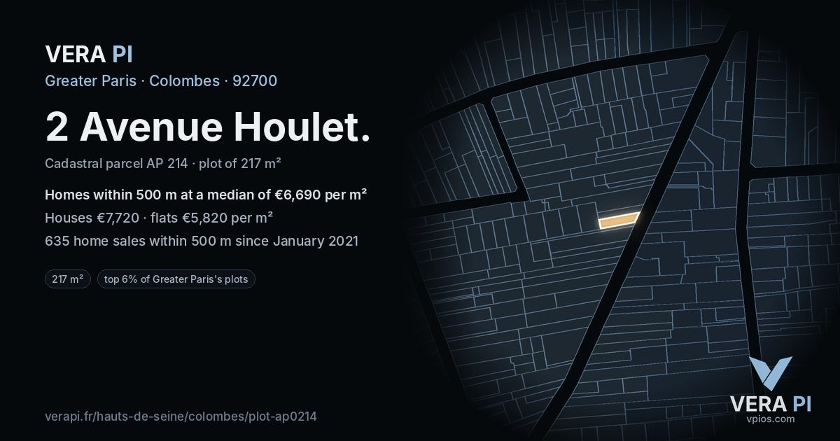 2 Avenue Houlet, Colombes at night – the plot lit, the parcels around coloured by the prices near them