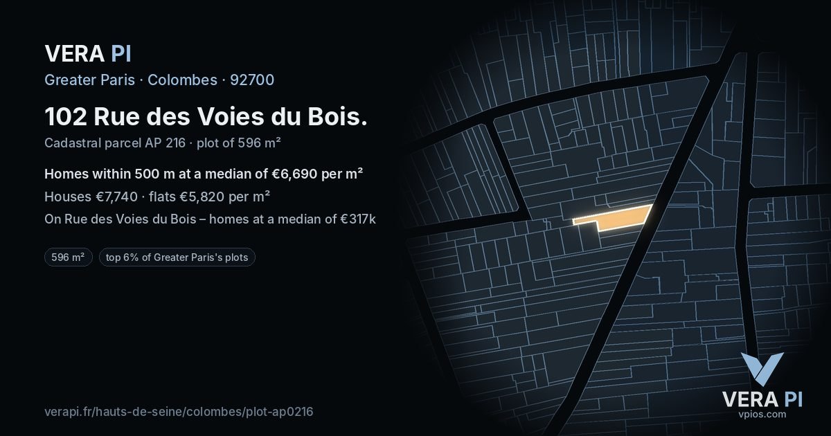 102 Rue des Voies du Bois, Colombes at night – the plot lit, the parcels around coloured by the prices near them