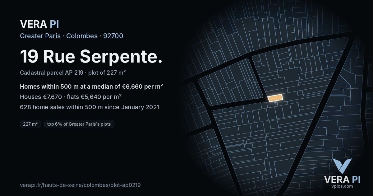 19 Rue Serpente, Colombes at night – the plot lit, the parcels around coloured by the prices near them
