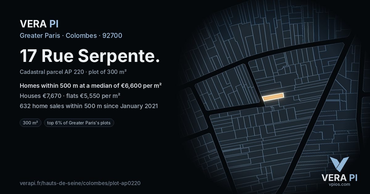 17 Rue Serpente, Colombes at night – the plot lit, the parcels around coloured by the prices near them