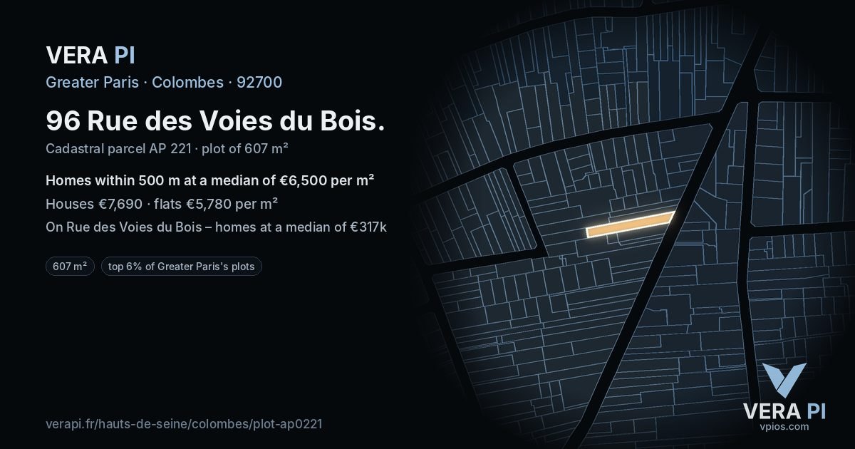 96 Rue des Voies du Bois, Colombes at night – the plot lit, the parcels around coloured by the prices near them