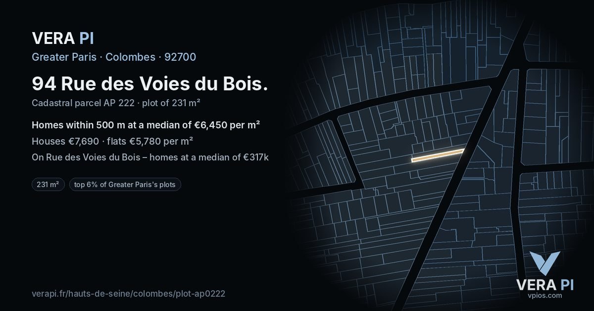 94 Rue des Voies du Bois, Colombes at night – the plot lit, the parcels around coloured by the prices near them
