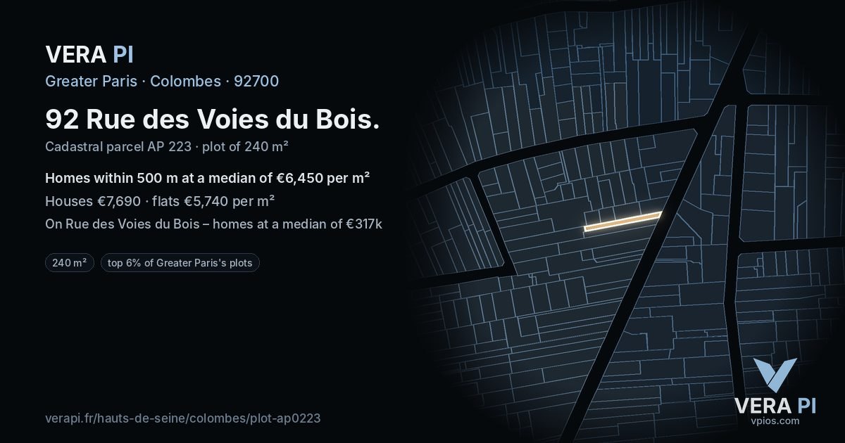92 Rue des Voies du Bois, Colombes at night – the plot lit, the parcels around coloured by the prices near them