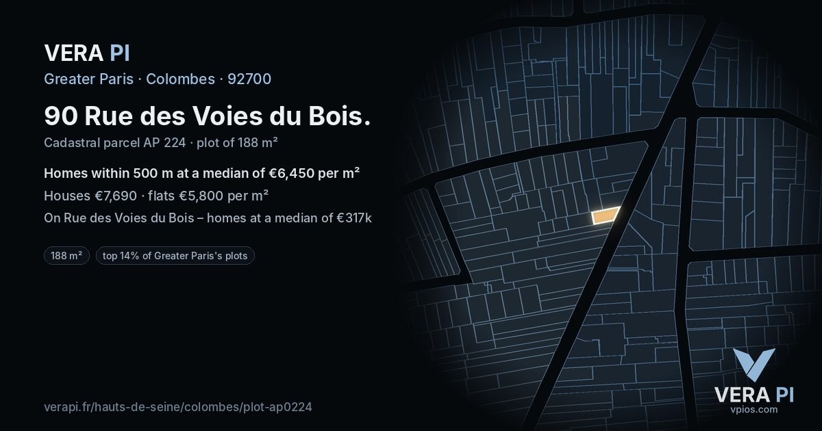 90 Rue des Voies du Bois, Colombes at night – the plot lit, the parcels around coloured by the prices near them