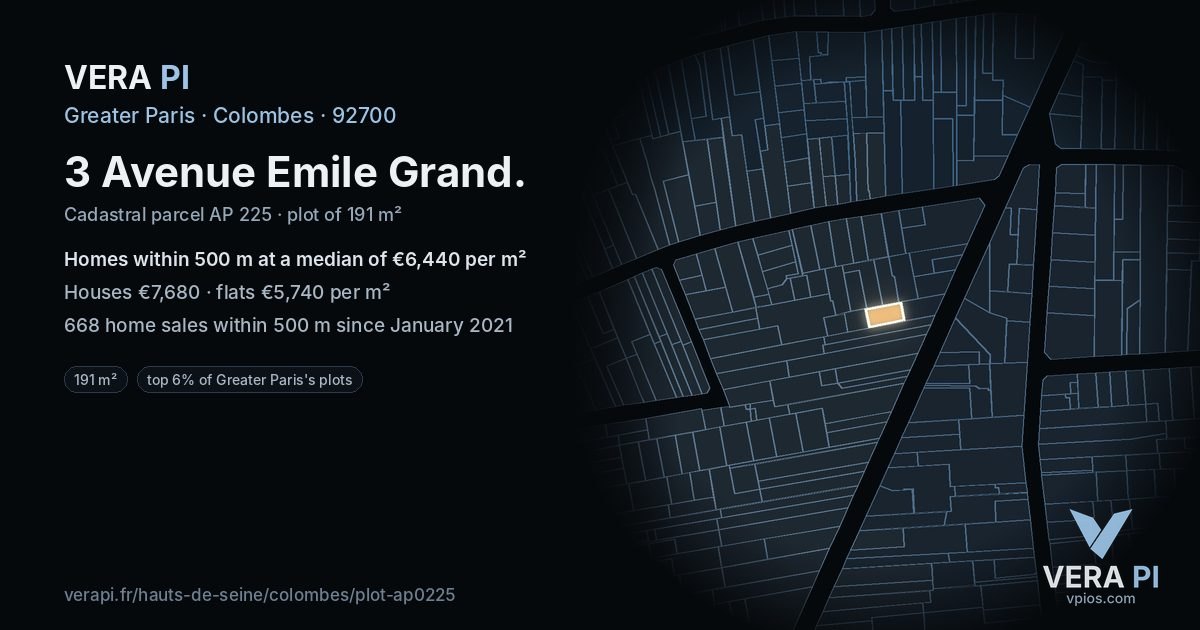 3 Avenue Emile Grand, Colombes at night – the plot lit, the parcels around coloured by the prices near them