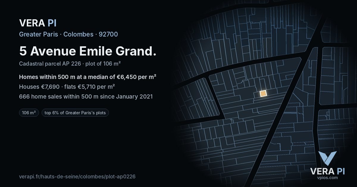 5 Avenue Emile Grand, Colombes at night – the plot lit, the parcels around coloured by the prices near them